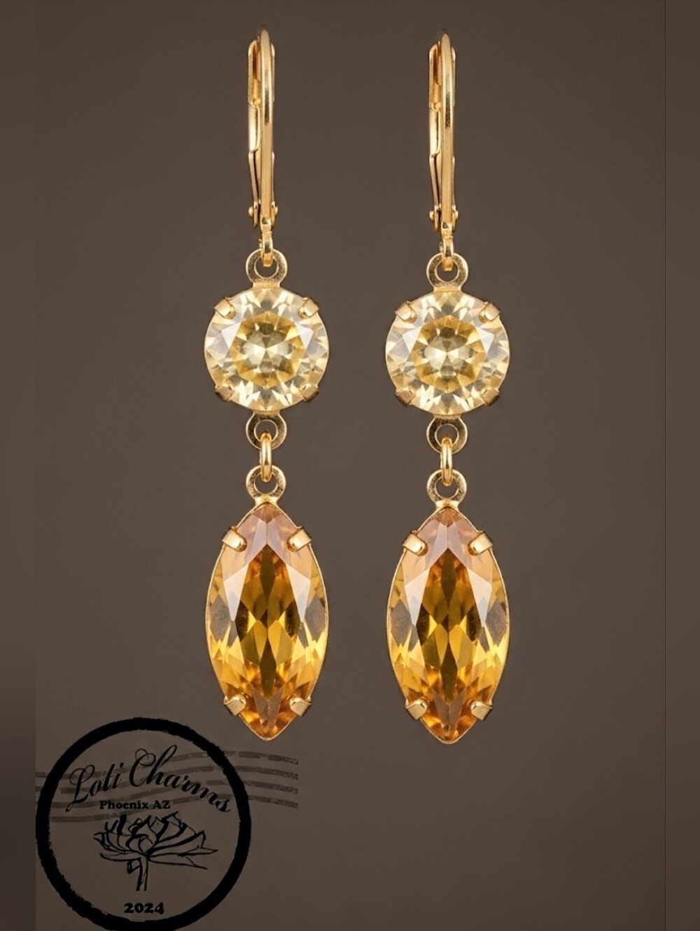 Natural Citrine 8.9 TCW Carats Marquise & Round In Gold Plated Drop Earrings